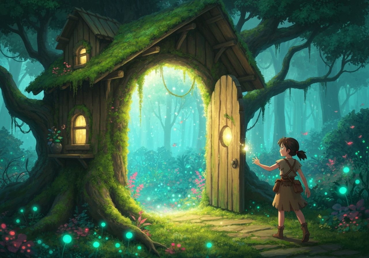 A whimsical, moss-covered treehouse portal opens into a vibrant, bioluminescent forest filled with glowing ...  by @Troxley
