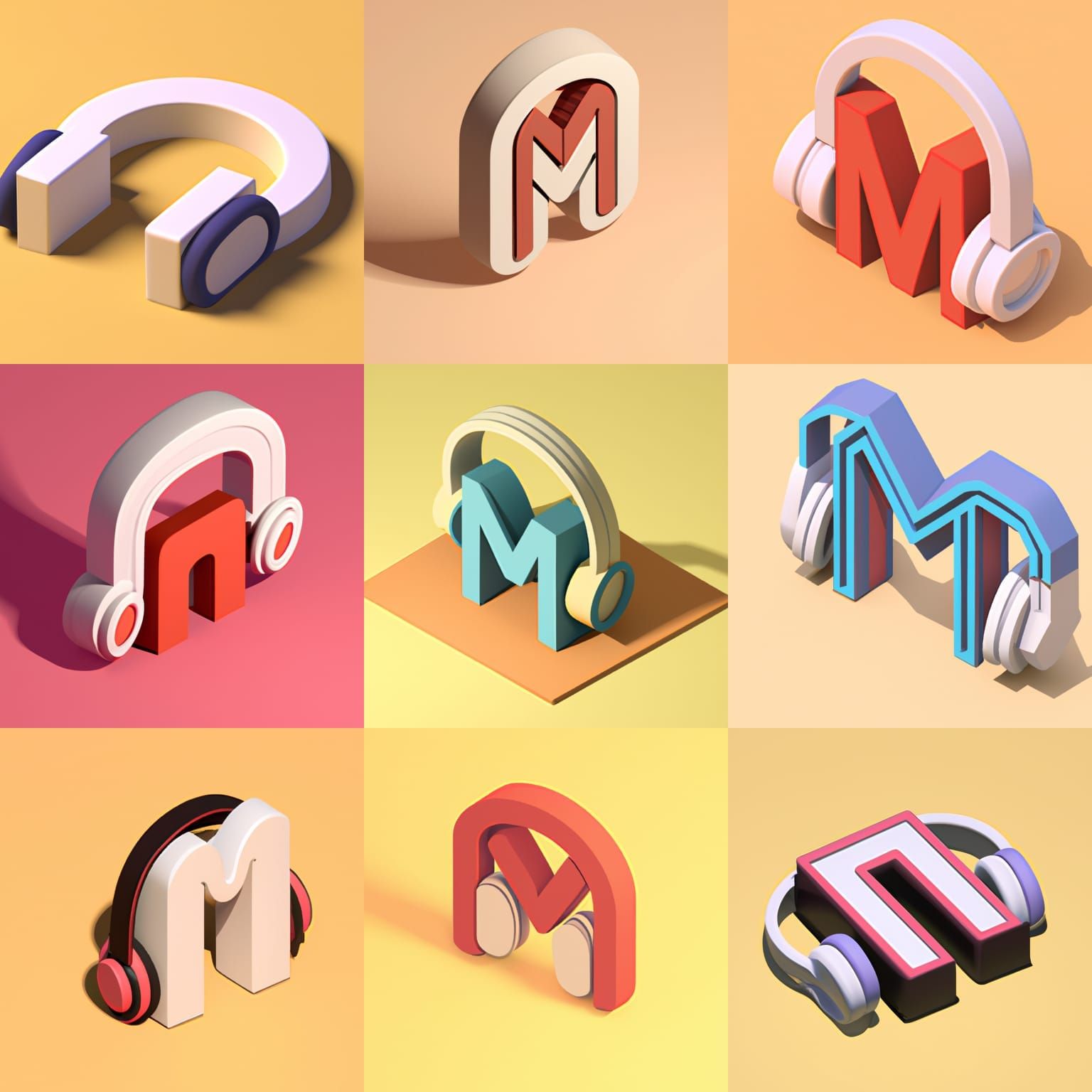 An Icon of the letter M wearing headphones in 3d render isom...
