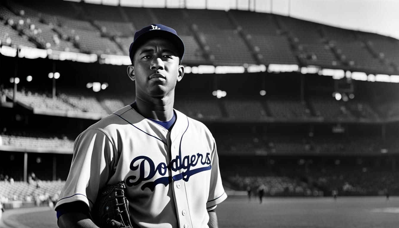 Chronicles of a Dodgers baseball player standing at home plate 1940: Embracing Life in the baseball stadium, full body, detailed facial feat...