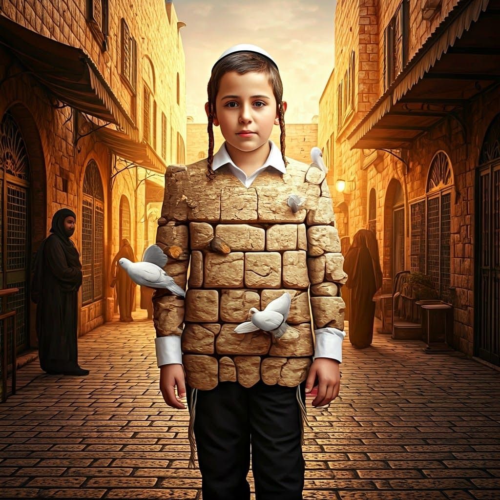 A Young Hasidic Boy Walks Through Jerusalem's Vibrant Street...