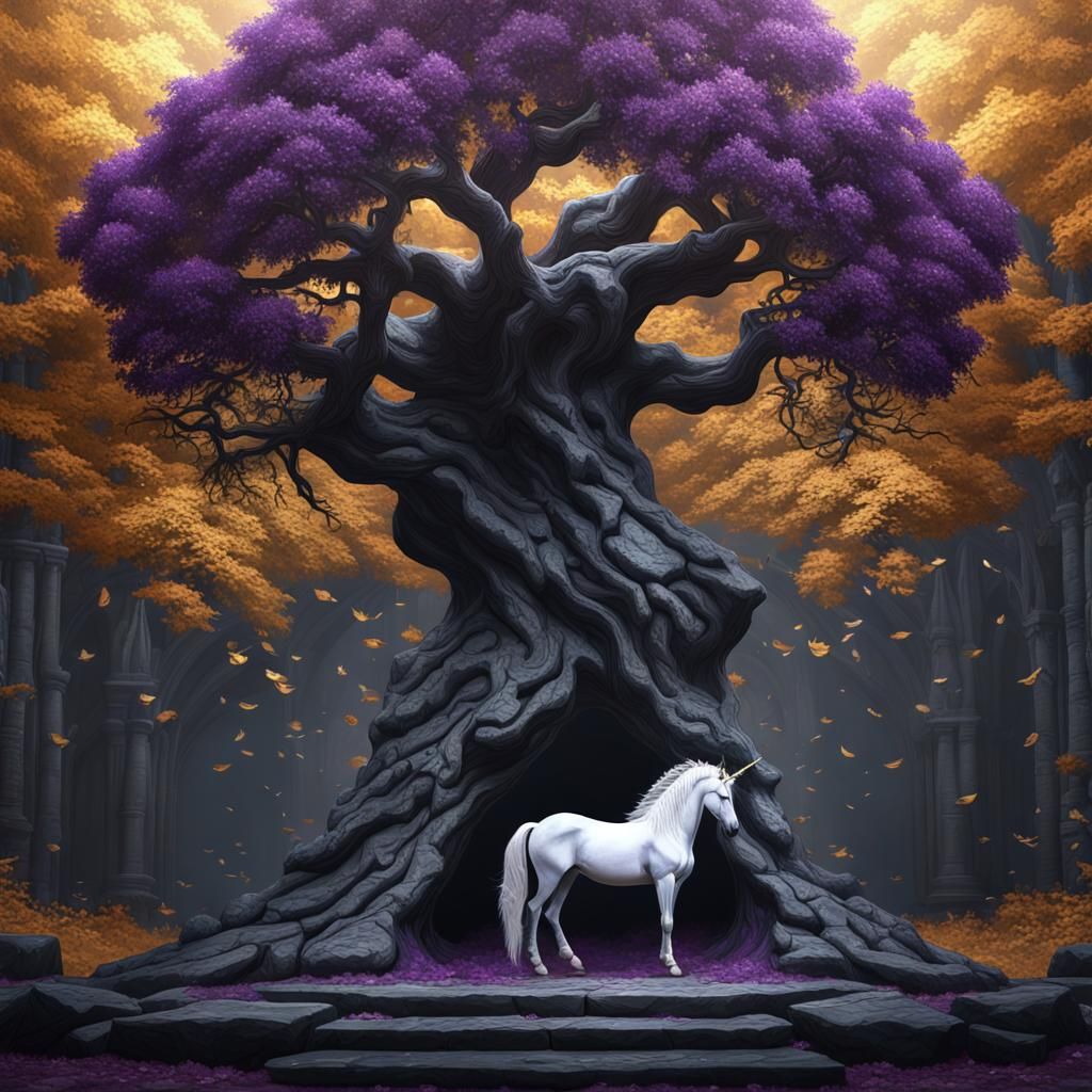 Unicorn Guardian of the Gilded Tree: Dark Fantasy Art