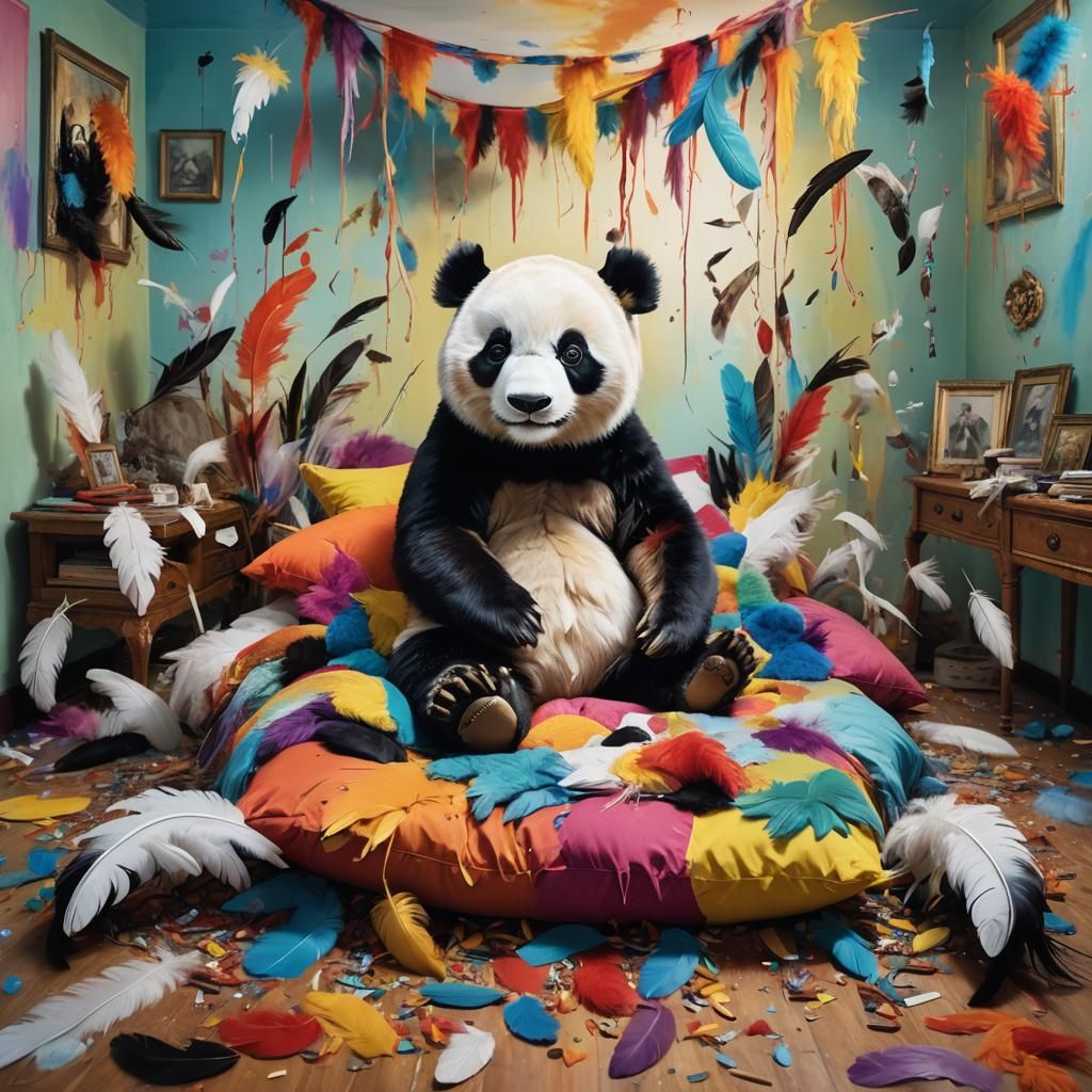Cartoon Panda's Feather Frenzy: Surreal Oil Painting