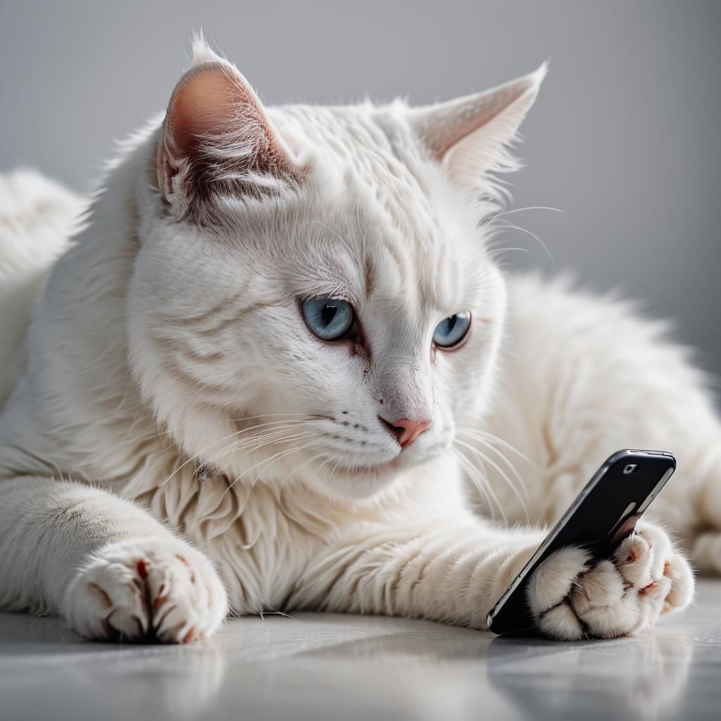 White Cat Plays with Smartphone: Macro Photography