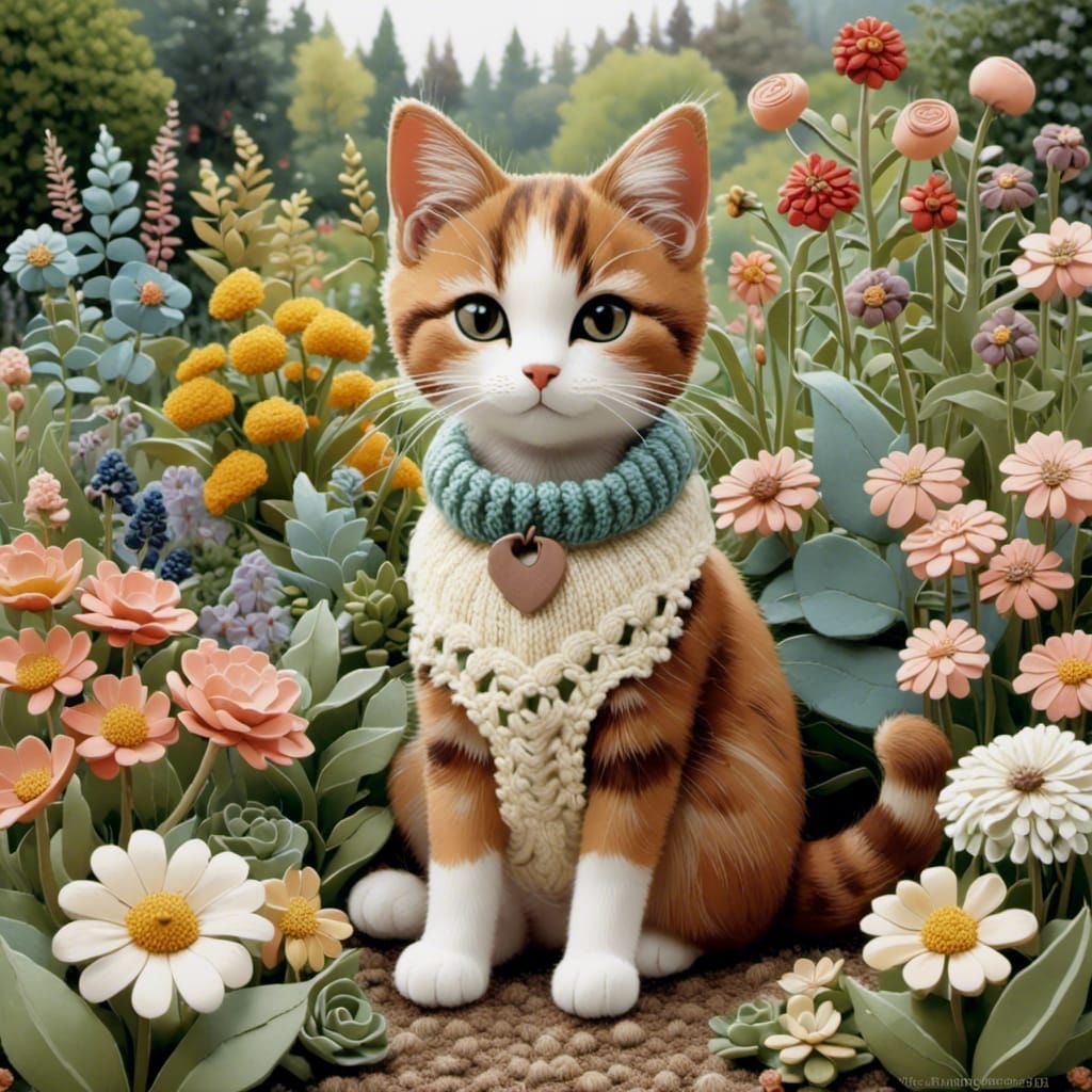 An adorable kitten in a flower garden