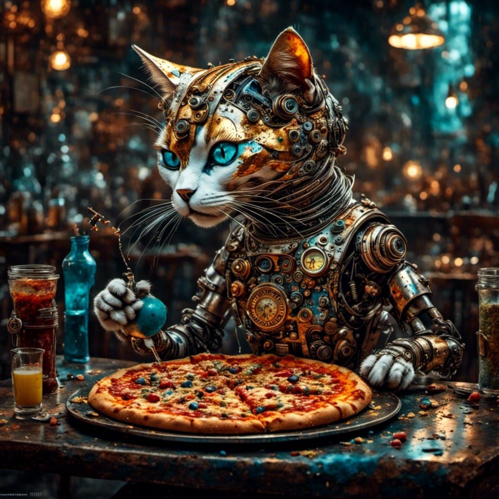 Cyborg Cat Eats Pizza: Surreal Metallic Street Art