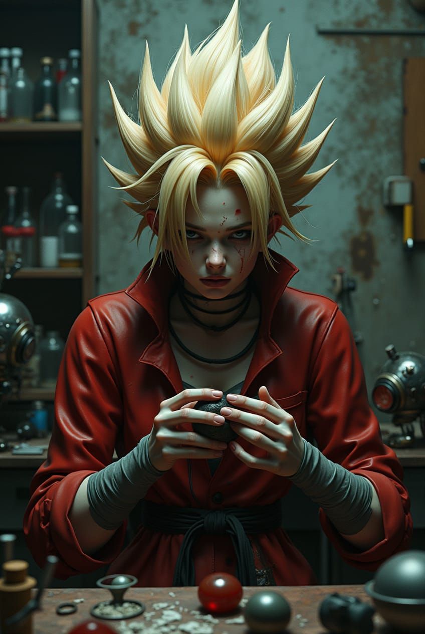 (whimsical Disney Pixar anime exhausted super Saiyan blonde)...