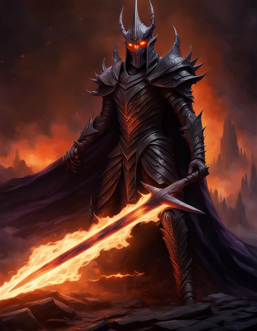 Dark Lord Sauron in full plate armour with a flaming longsword. Mordor ...