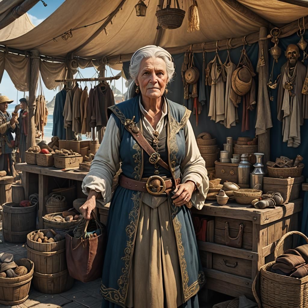 Medieval older lady shopkeeper at  a Seaside tent stall sell...