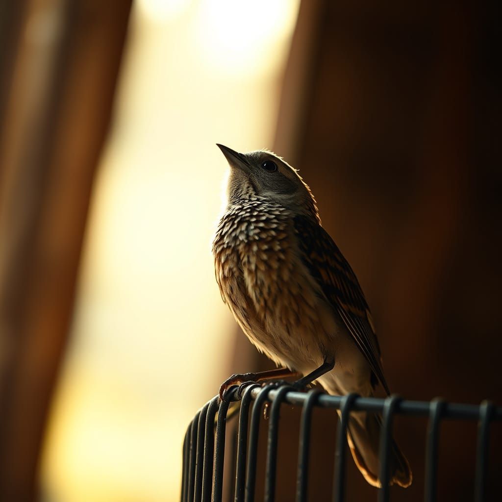 Bird Contemplating Freedom on Cage's Edge, Soft Fo... - AI Art