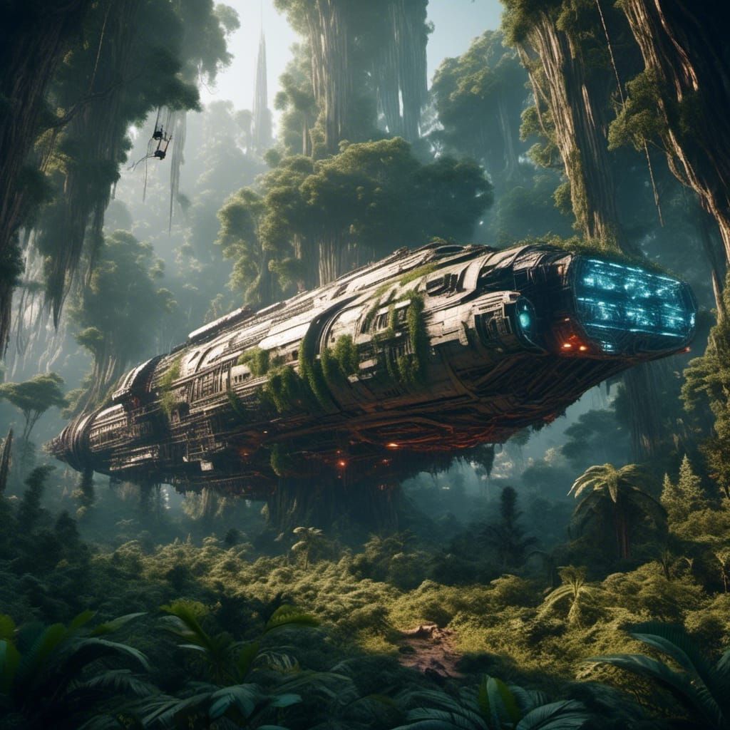 <lora:Unreal:1.0> Crashed severely damaged spaceship in a dense forest, surrounded by tall trees and exotic vegetation, a futuristic, high-d...