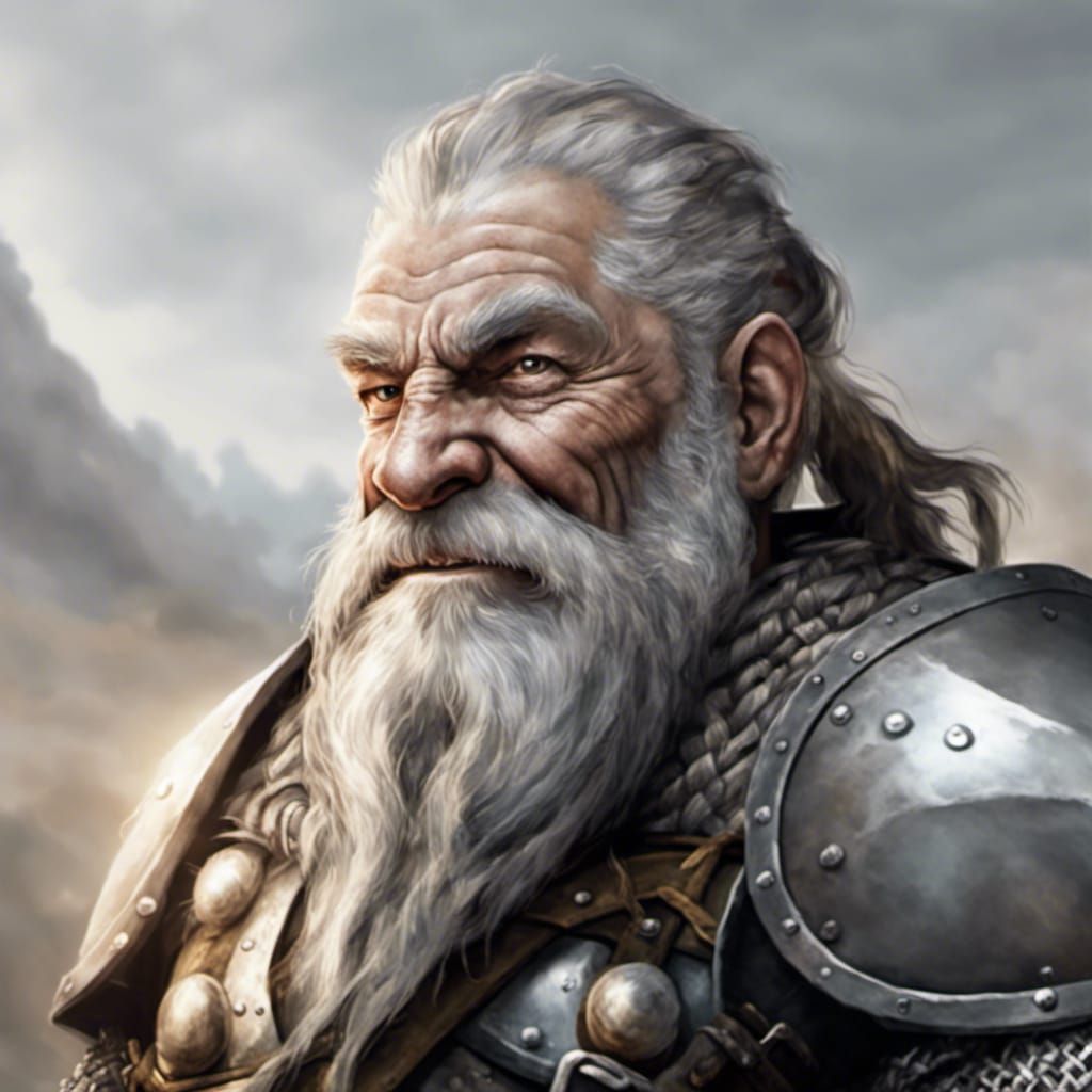 grizzled old dwarf warrior with a friendly, wry smile in battle-worn ...