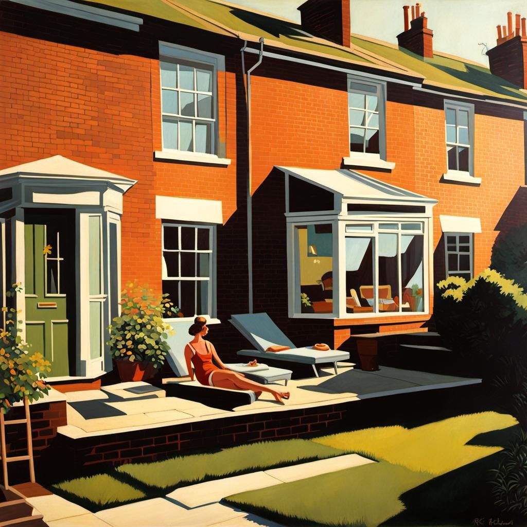 1960s retro England terraced houses back gardens, beautiful ...