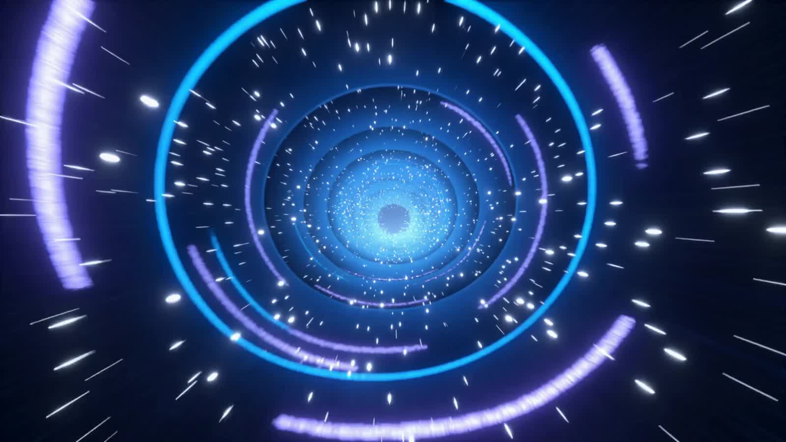 Camera zooms forward through a twisting colorful wormhole filled with glowing particles and streaks of light. High-speed...