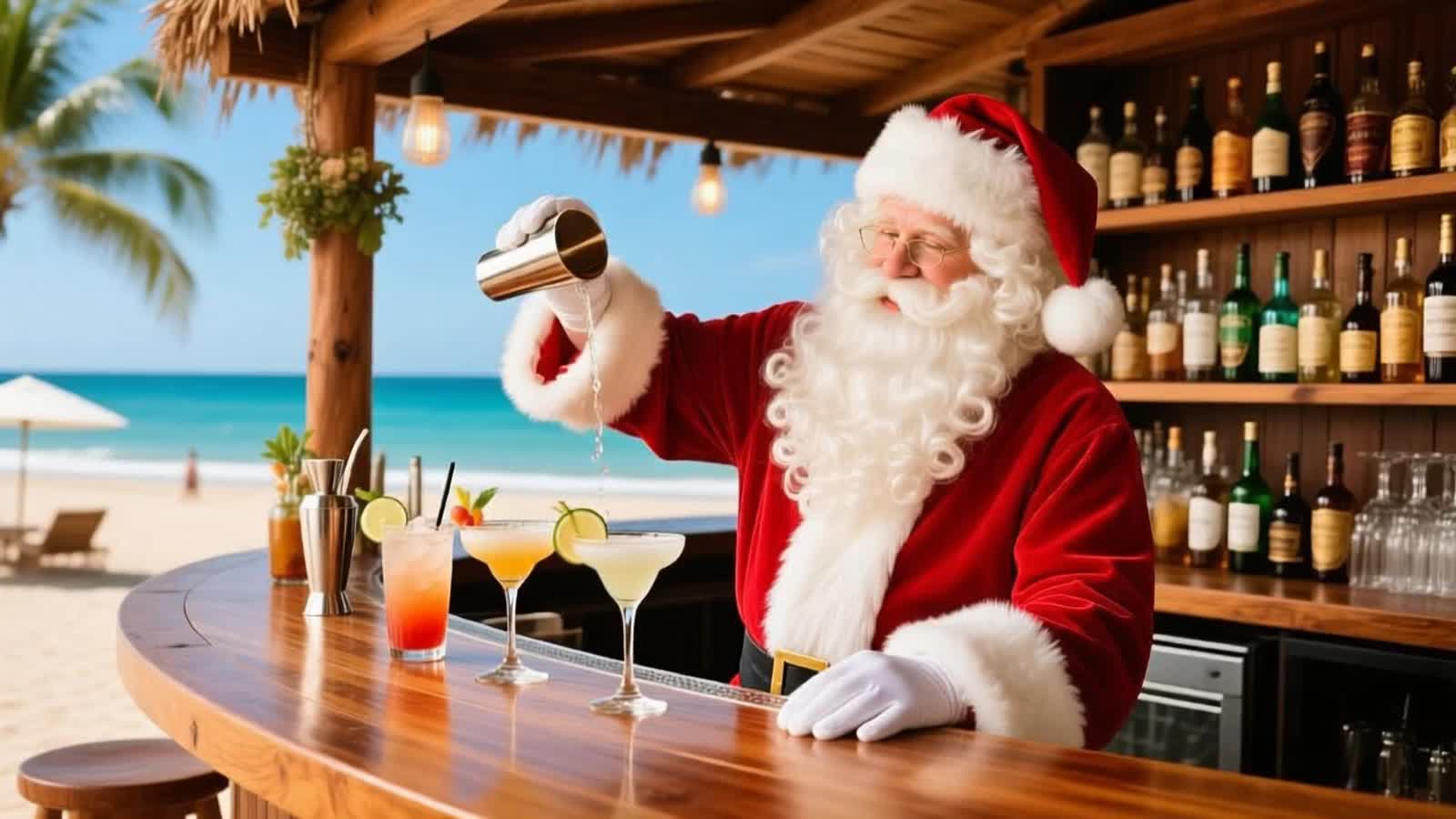 Santa Claus shaking cocktails  in a wooden cocktail bar on the beach
