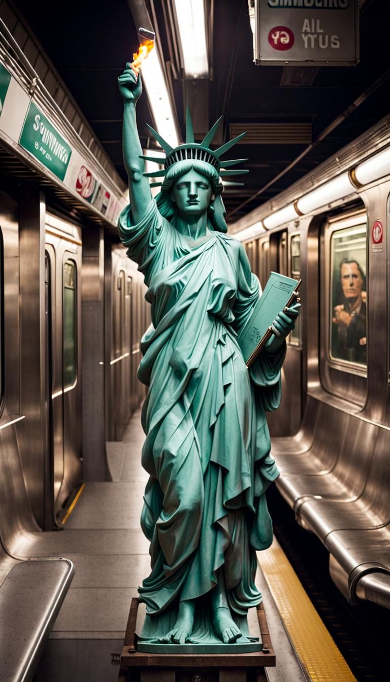 The statue of liberty sits in the subway 
