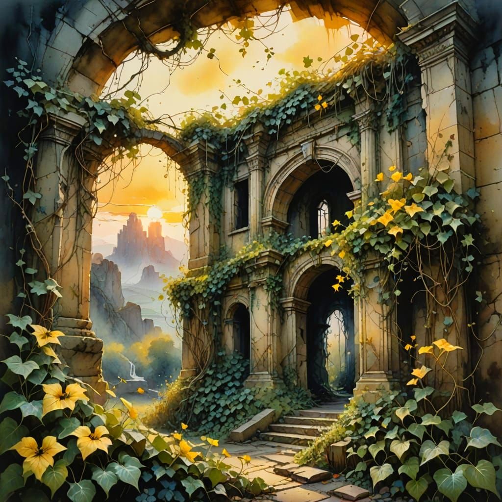 Ancient Ruin Awakens in Vibrant Sunset Glow