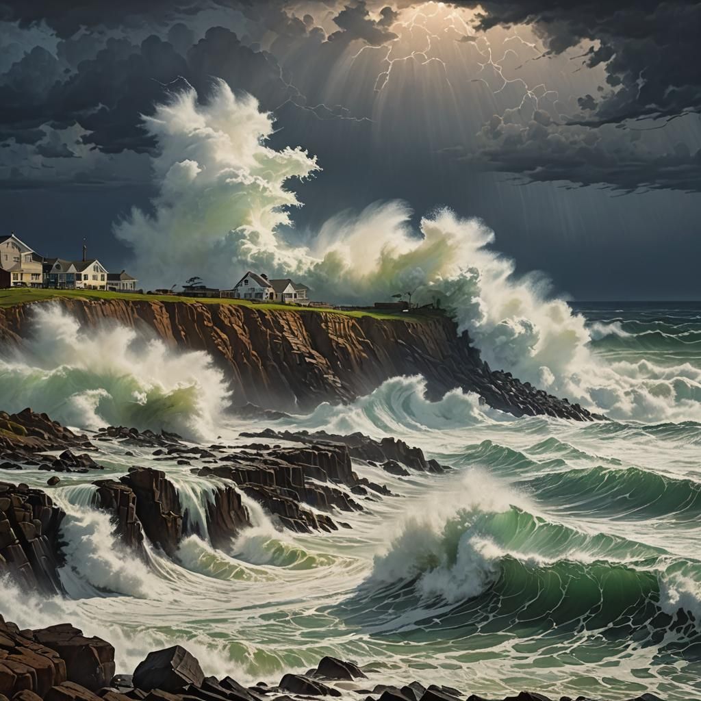 View from the shore of a coastal storm with massive waves spilling over the breaker walls Kelly Freas ...  by @Lady of the Thorns