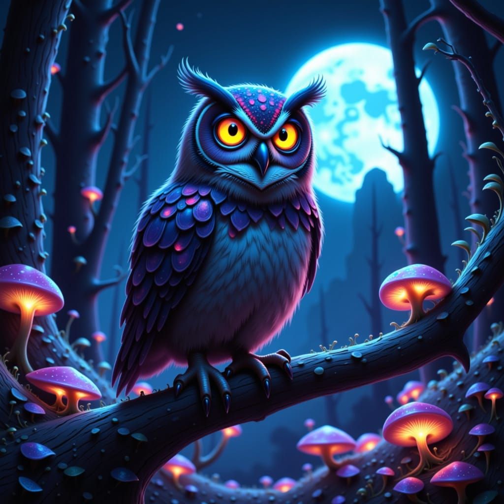 A wise old owl perches on a branch in a moonlit forest, its eyes glowing with ancient knowledge. Digital art. The forest is filled with biol...
