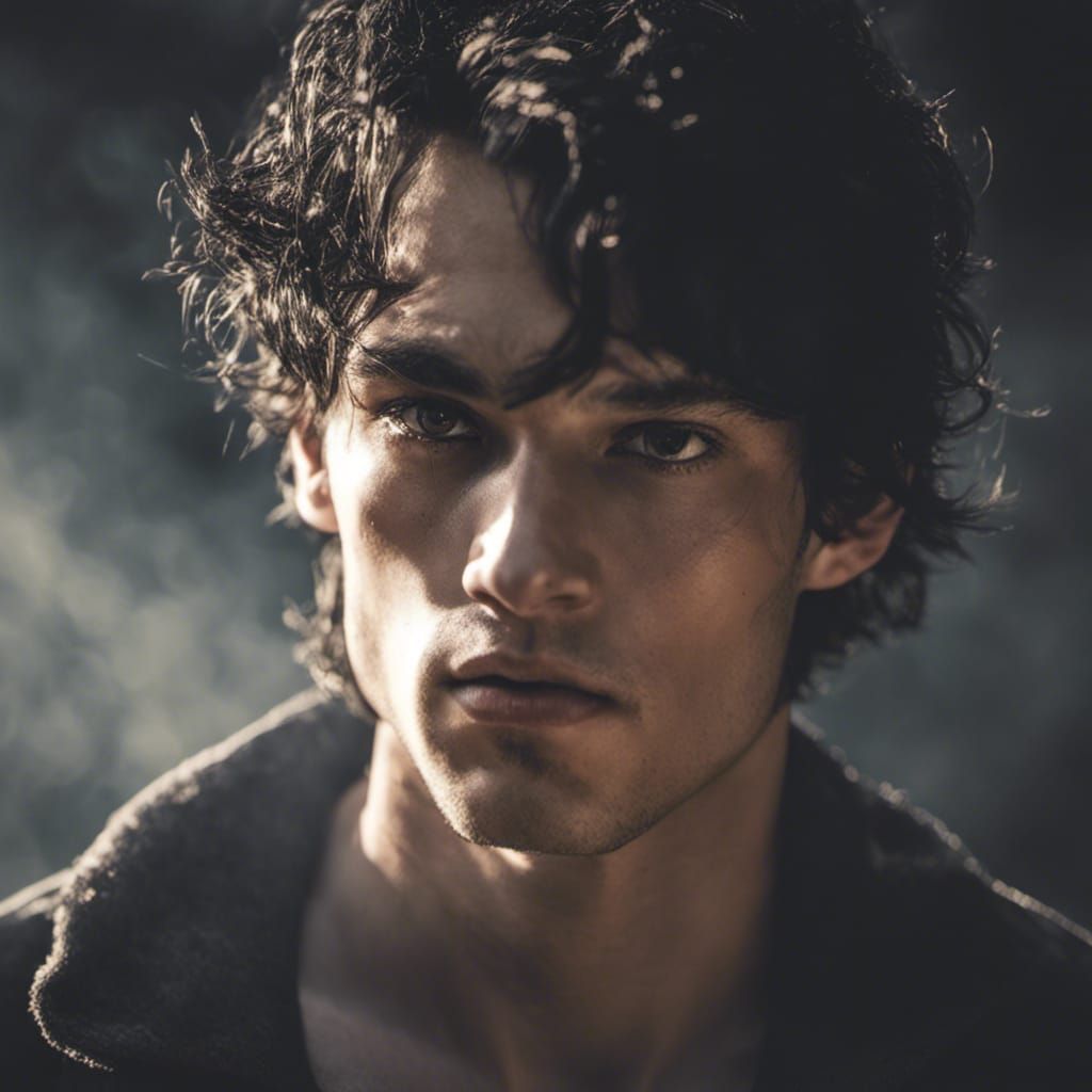 young man, dark messy black hair, intense black eyes