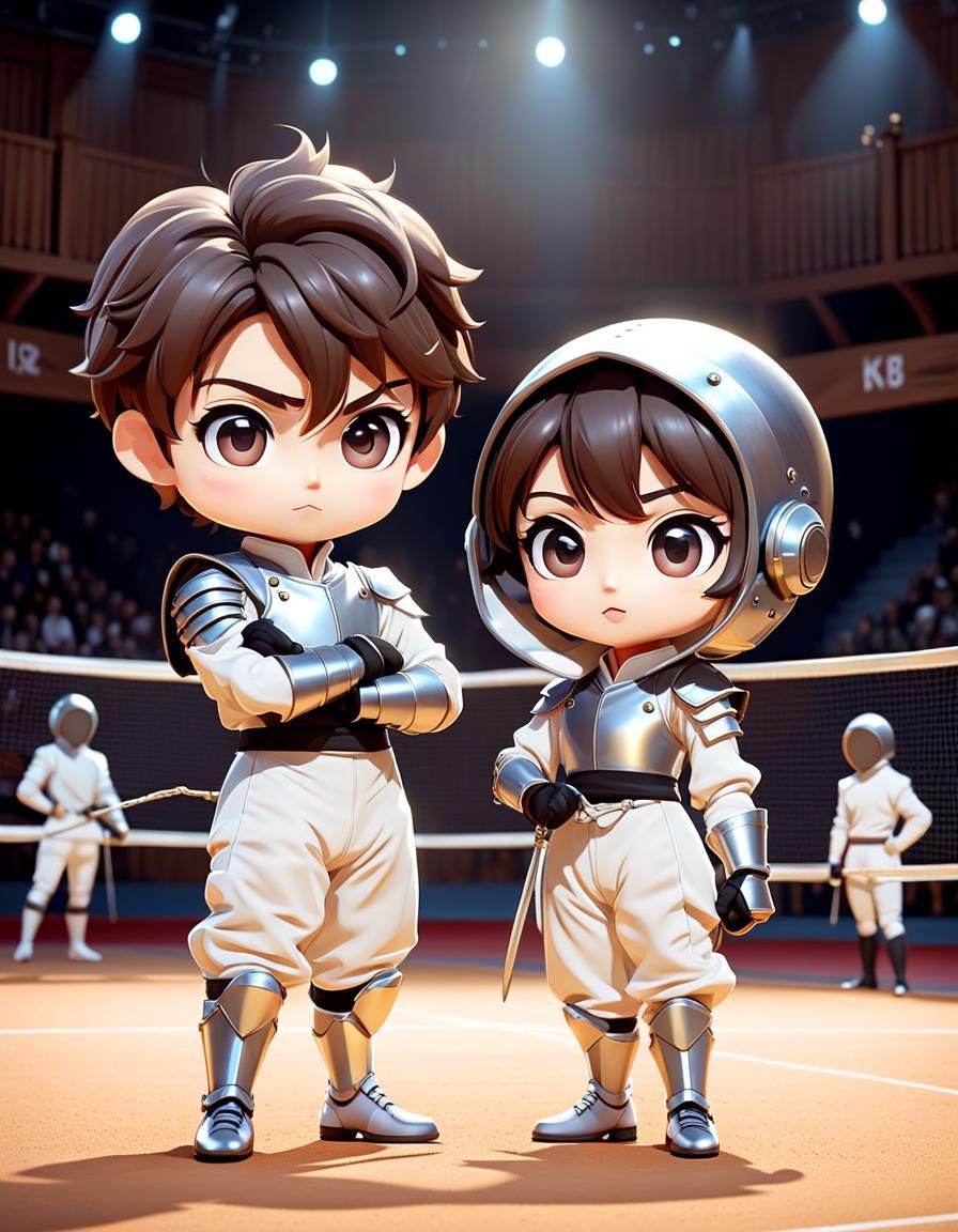 Chibi Boy and Girl as Fencer Athlete