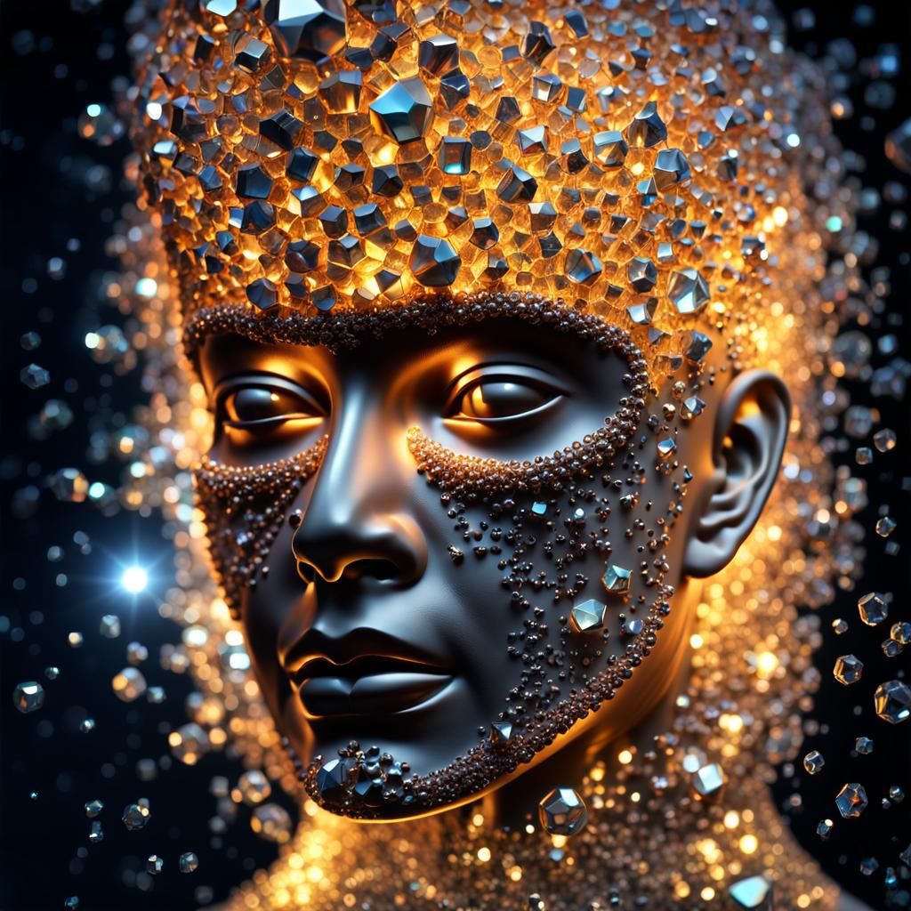 A human head made of transparent small pieces of shiny glass...