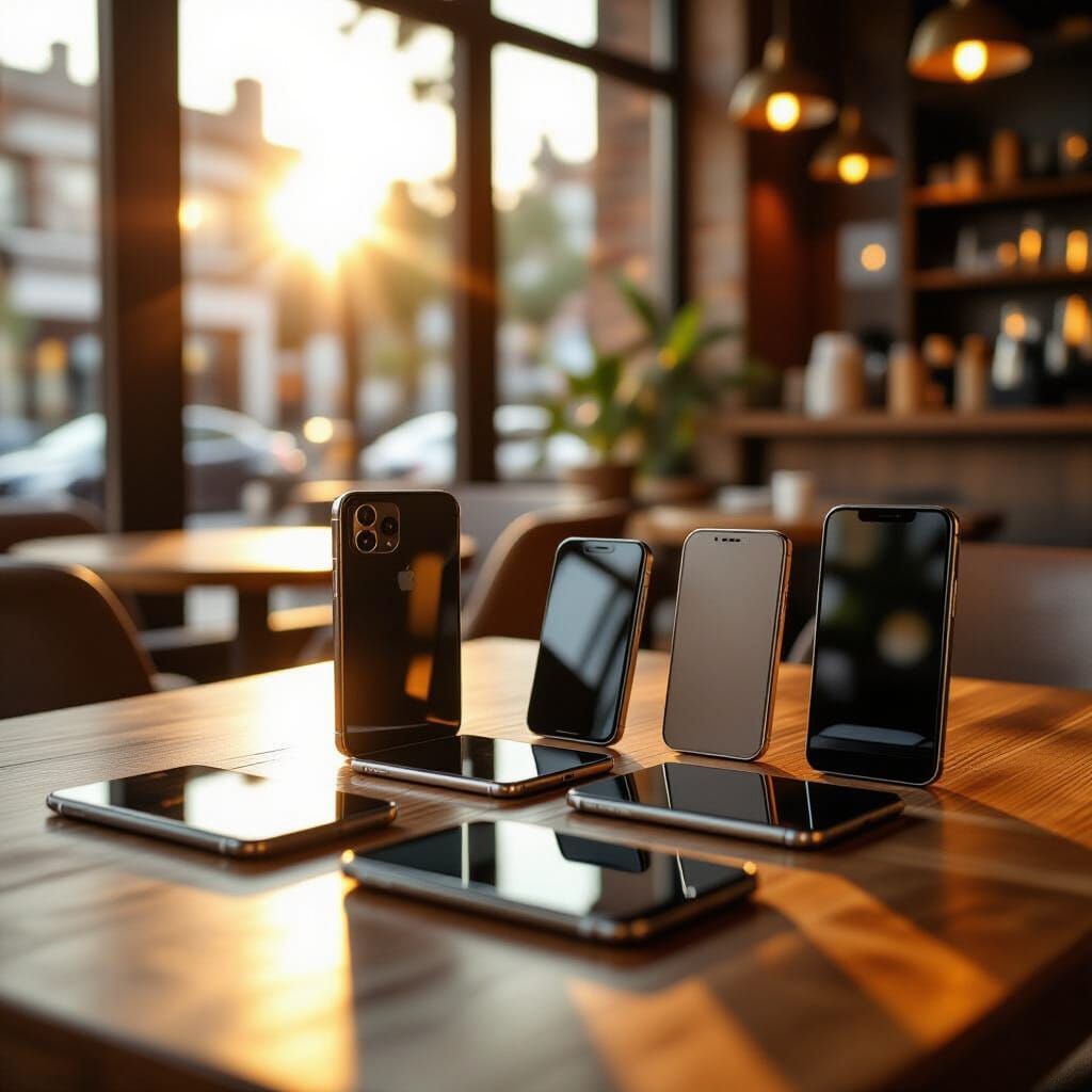 Modern Smartphones on Wooden Table in Warm Sunlight