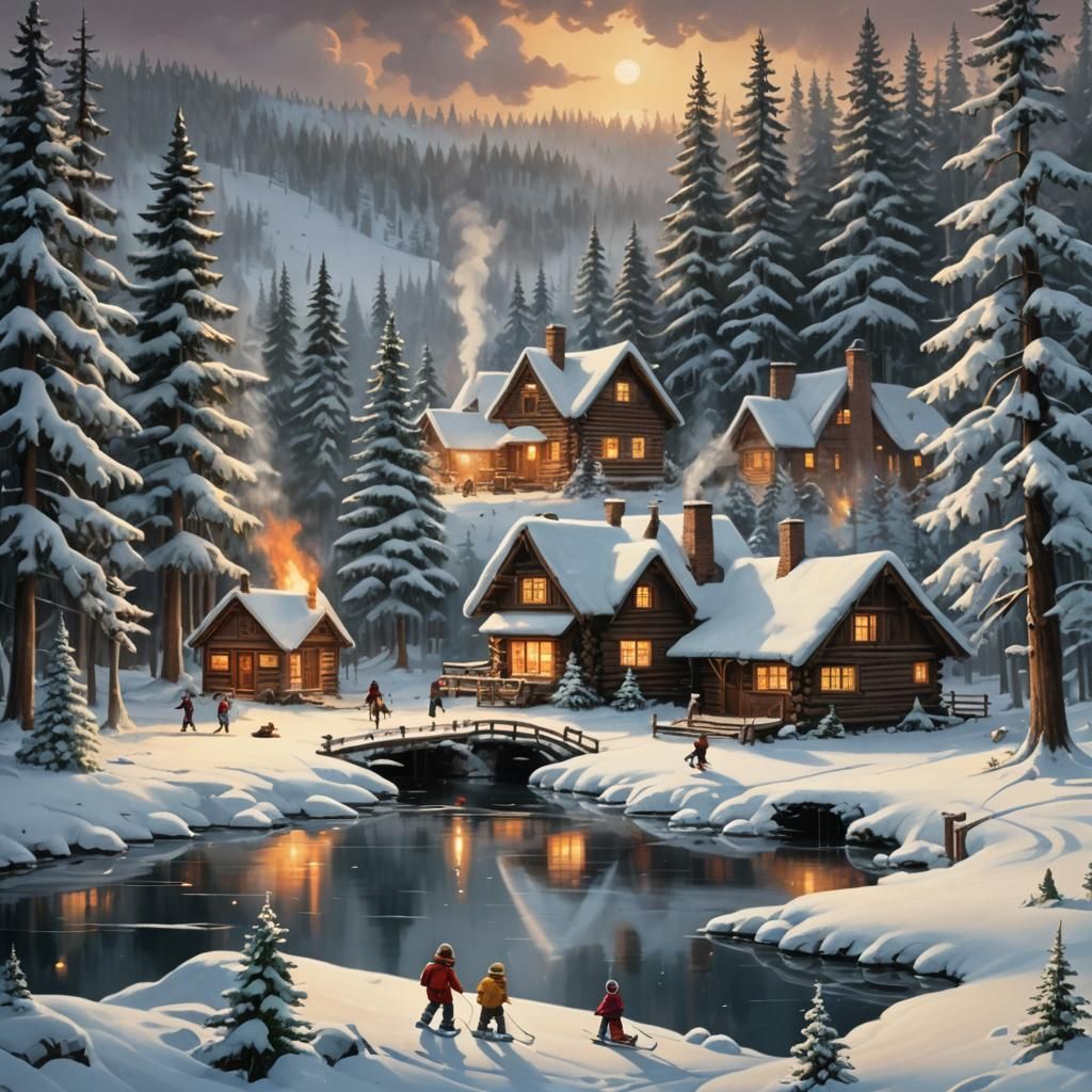 Cozy Winter Cabin Scene in Matte Painting Style