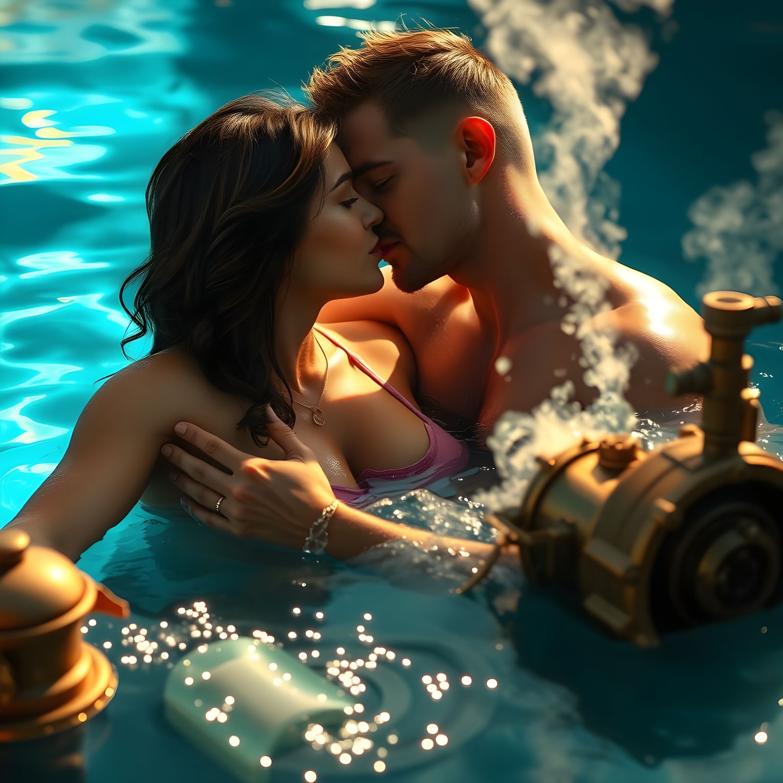 Passionate Couple Embraces by Steaming Steampunk Engine