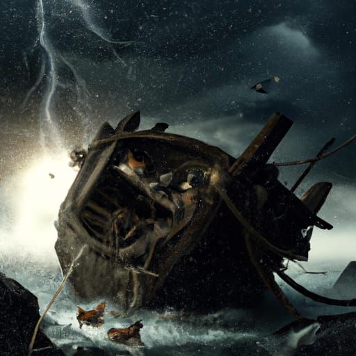 Old boat is twisted upside down on the bank of the ocean . S...