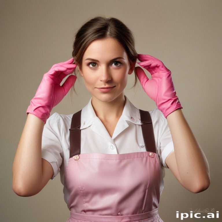 Exhausted german scullerymaid wearing an apron and pink rubb...