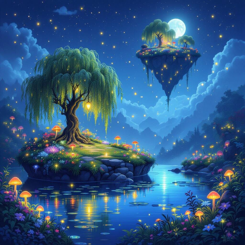 Mystical garden at night with Bioluminescent plants, small lake with a weeping willow, fire flys and small glowing mushrooms and flowers. On...