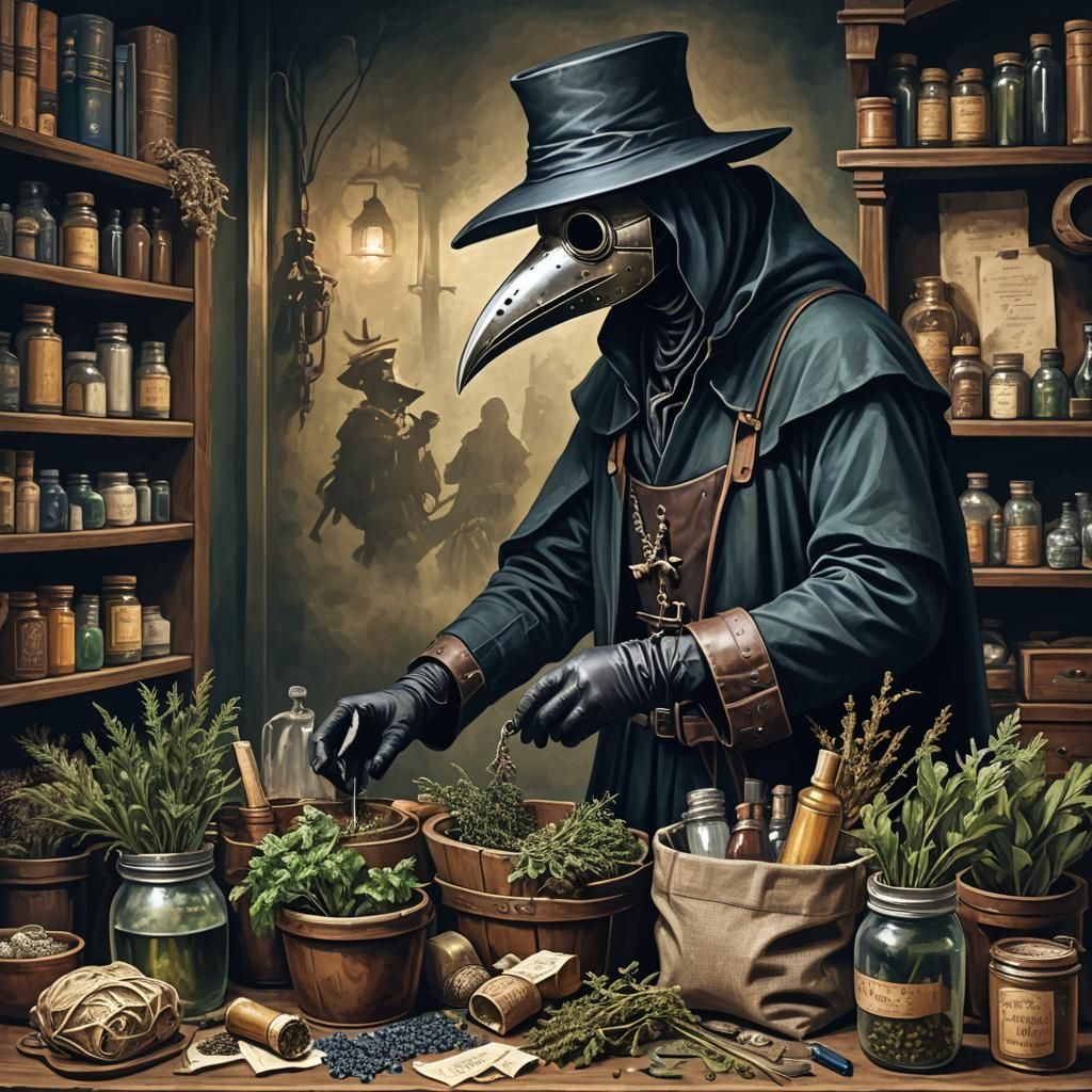 The plague doctor prepares the healing herbs and medicines.  by @Annabella