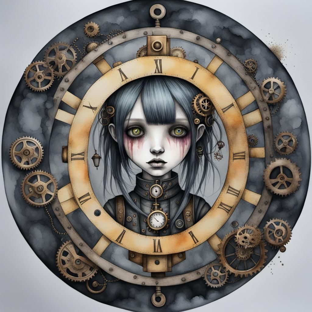 watercolor, an emo girl with a steampunk flair