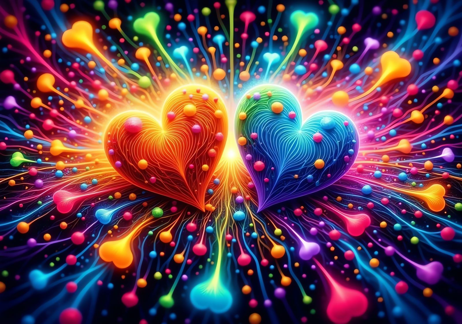 <lora:Kirilian Effectuals:1.0>A mesmerizing abstract composition that blends vibrant colors represented by diverse heart emojis, swirling...