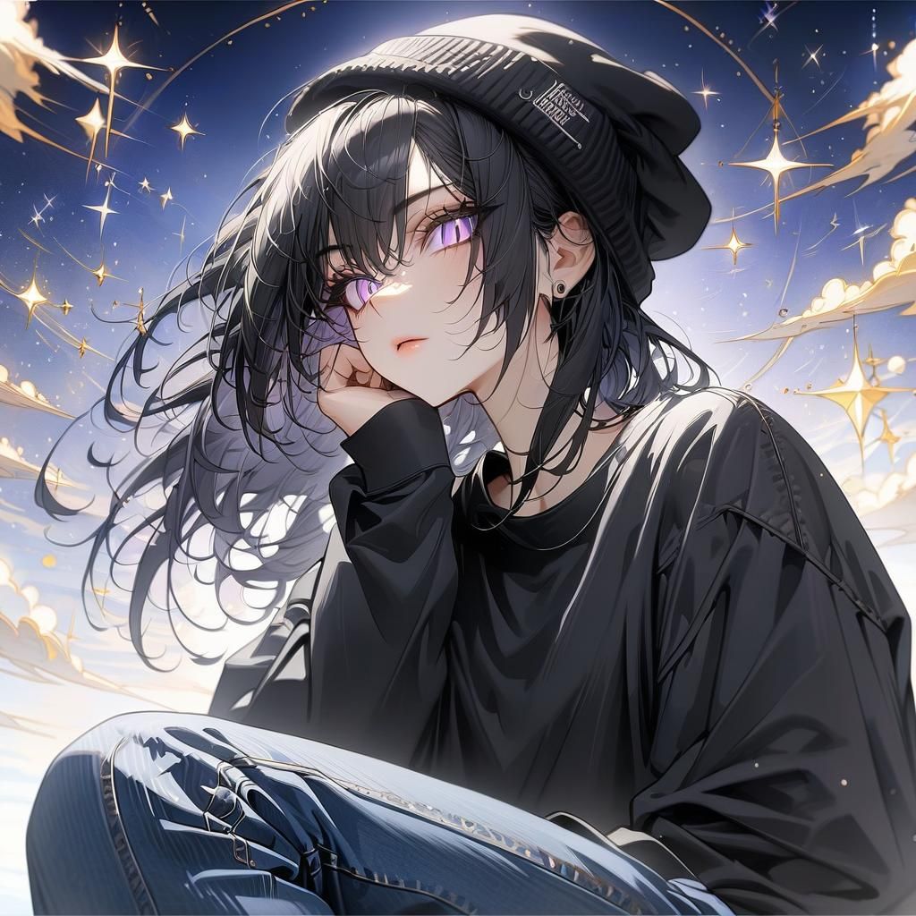Anime Girl with Purple Eyes and Black Beanie