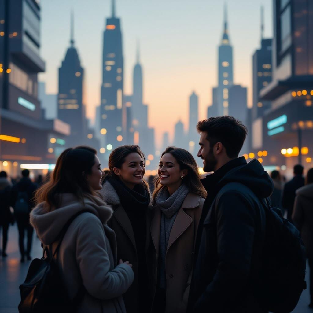 Future Nostalgia: Friends Reunite in a Muted 2100 Cityscape