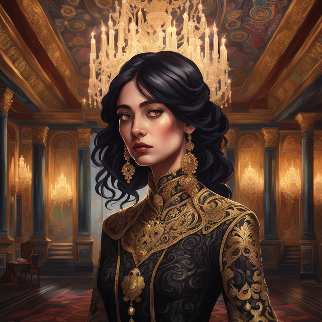 Ornate Portrait of Girl in Black Dress