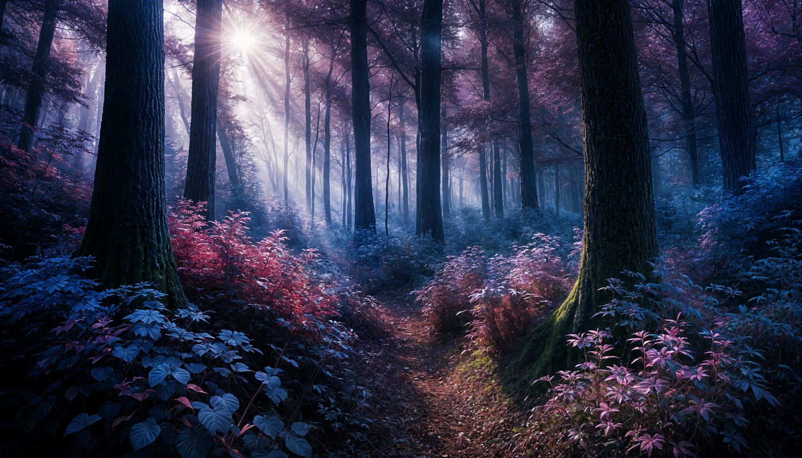 forest with maroon and blue and purple flora, intricate details, HDR, beautifully shot, hyperrealistic, ...  by @Ed Evans