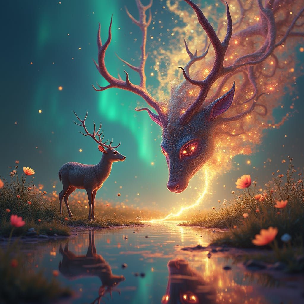 A deer saw a fallen flower on the The ground shimmered like it was made entirely of glass, reflecting ...  by @undefined
