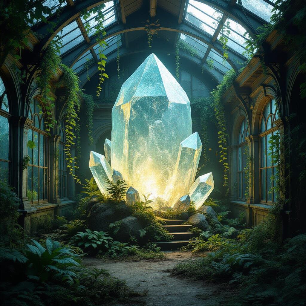 An abandoned, overgrown Victorian greenhouse, now housing a colossal, sentient crystal formation that pulses with internal light. Vines and ...