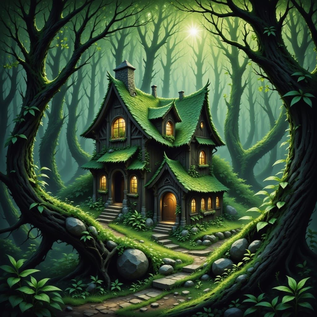 A fae home in the dark reaches of the unseen forest of forgotten heroes is lead by a small fairy woman <lora:Korfaesu:1.0>