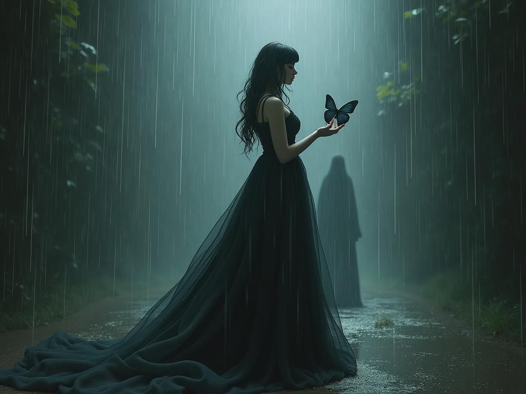 Woman with Butterfly in Rainy, Mystical Scene