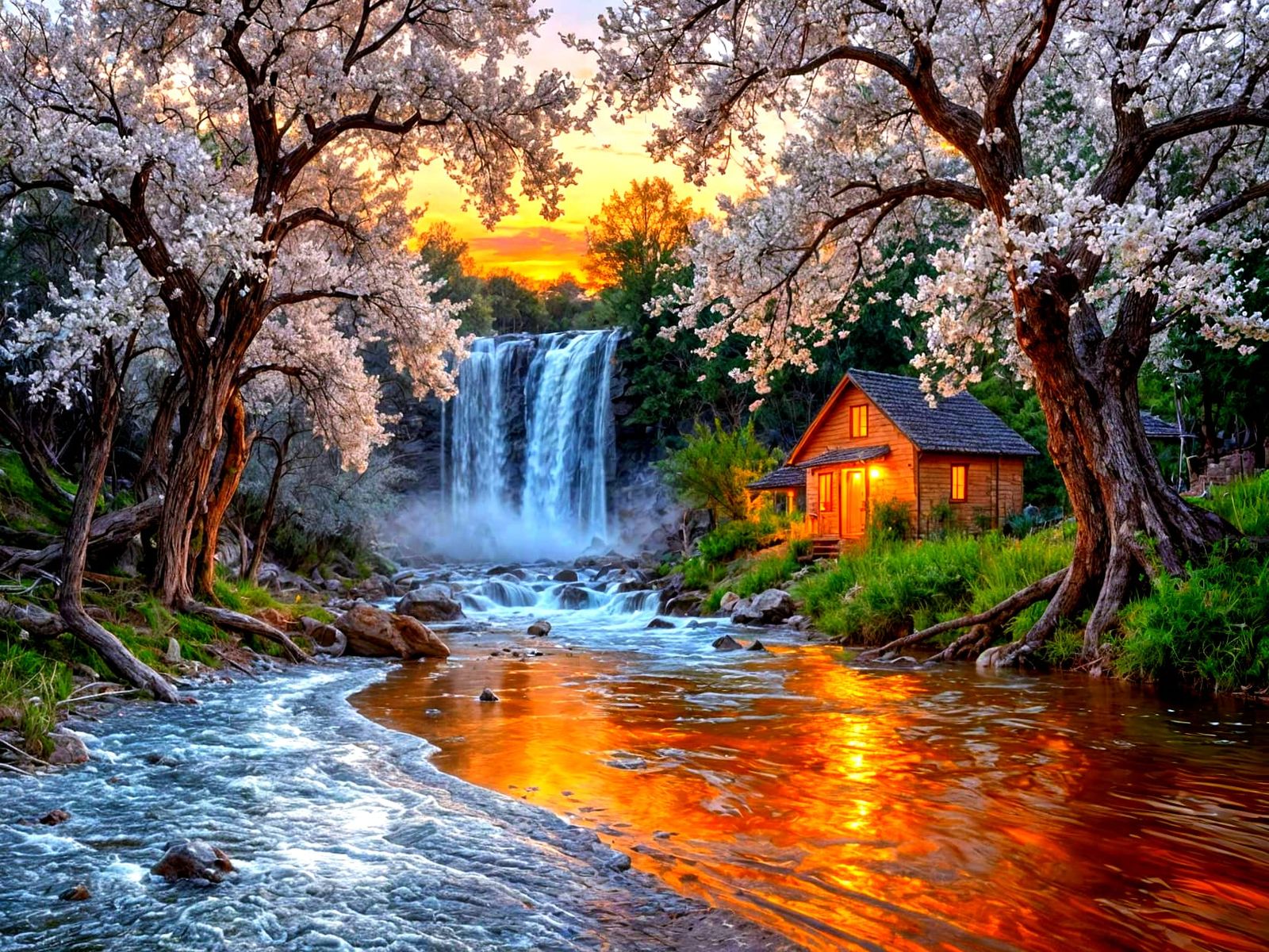 Crimson Landscape with White Flowers and Golden River