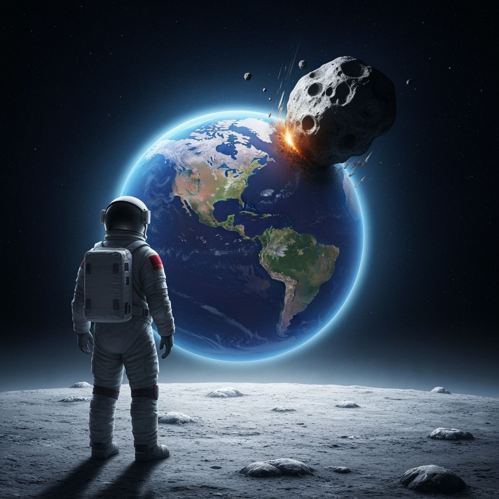 a lonely astronaut watching the end of the world from moon, where the earth is collapsing, an astroid hitting it. make the astronaut look li...