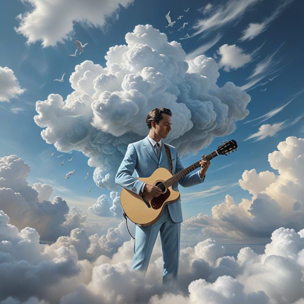 Surreal Cloud Man Plays Guitar in Dreamlike Sky