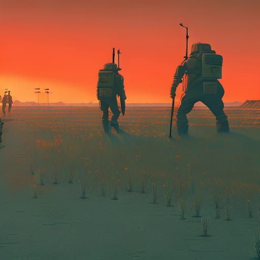 ultra_detailed world war 2 soldiers walking into the sunset on Mars ...