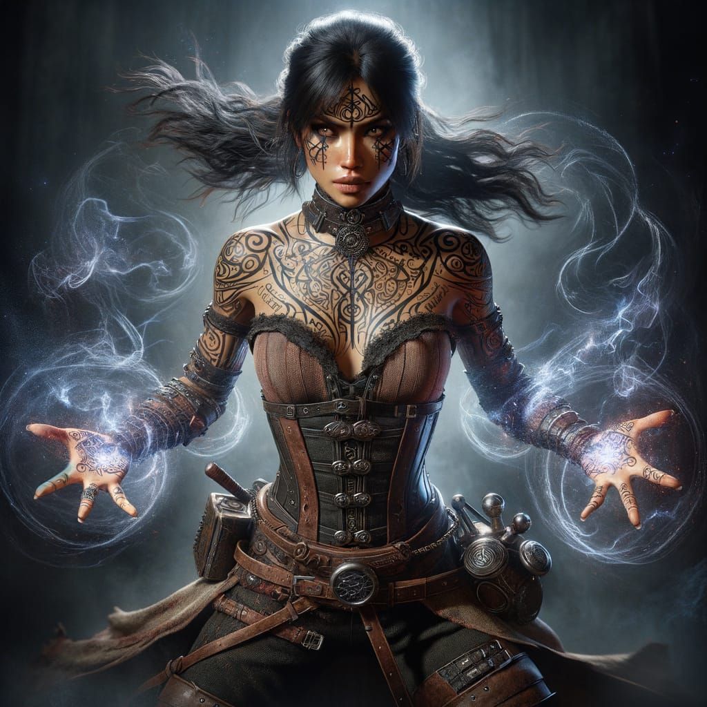 a female combat mage covered in runic tattoos and casting a spell of dark torment 