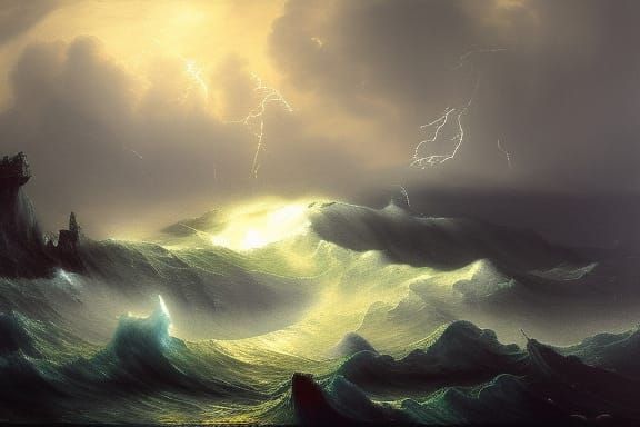 An insanely hyperdetailed painting of a stormy scene; the scene: dark  clouds covering the sky, waves crashing against rocks, and lightning i... -  AI Generated Artwork - NightCafe Creator