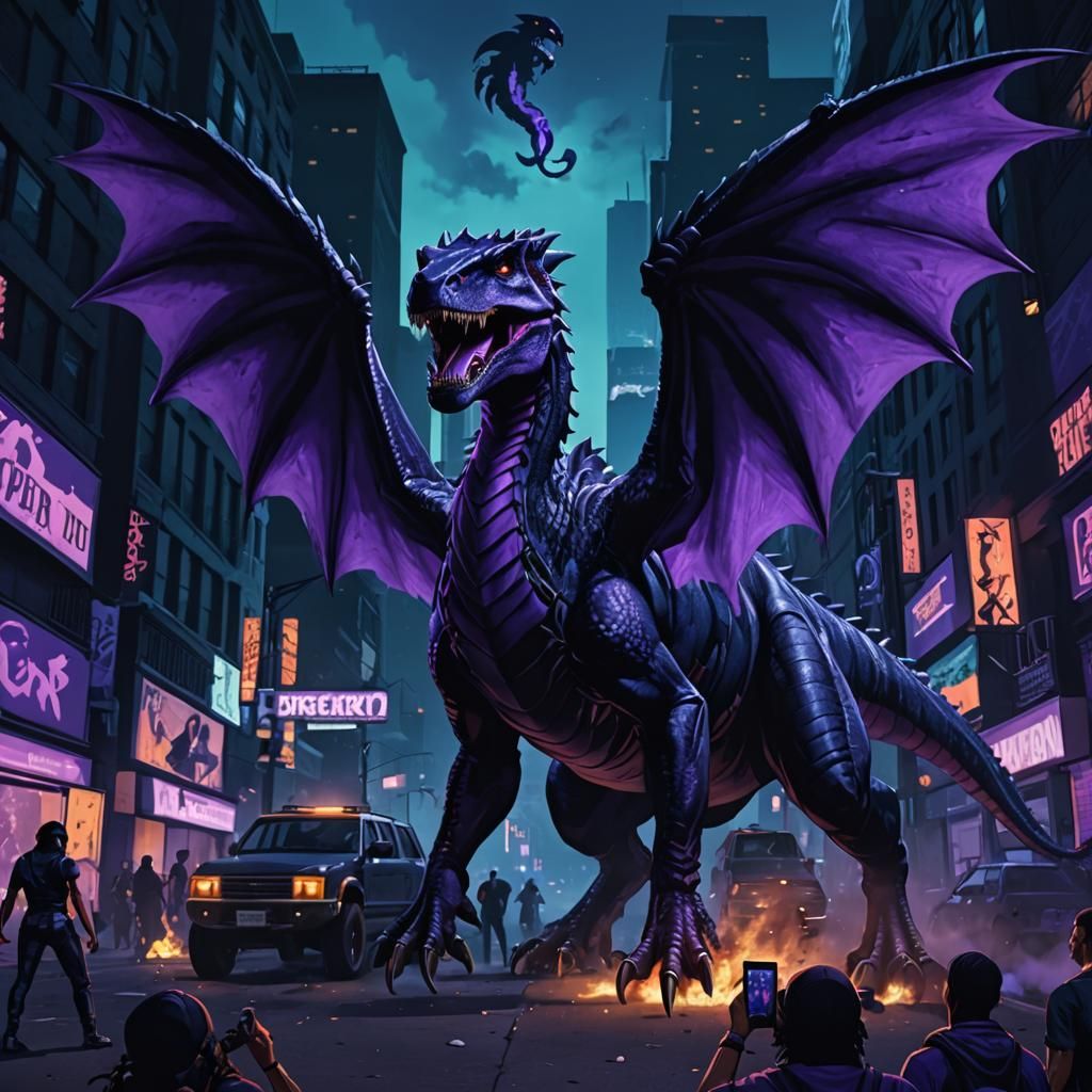 BLACK AND PURPLE DRAGONVIPER T-REX DINOSAUR VIDEO GAME MUSIC MENTAL HEALTH STIGMA SUPPORT DEFENDER CREATURE The Third St...