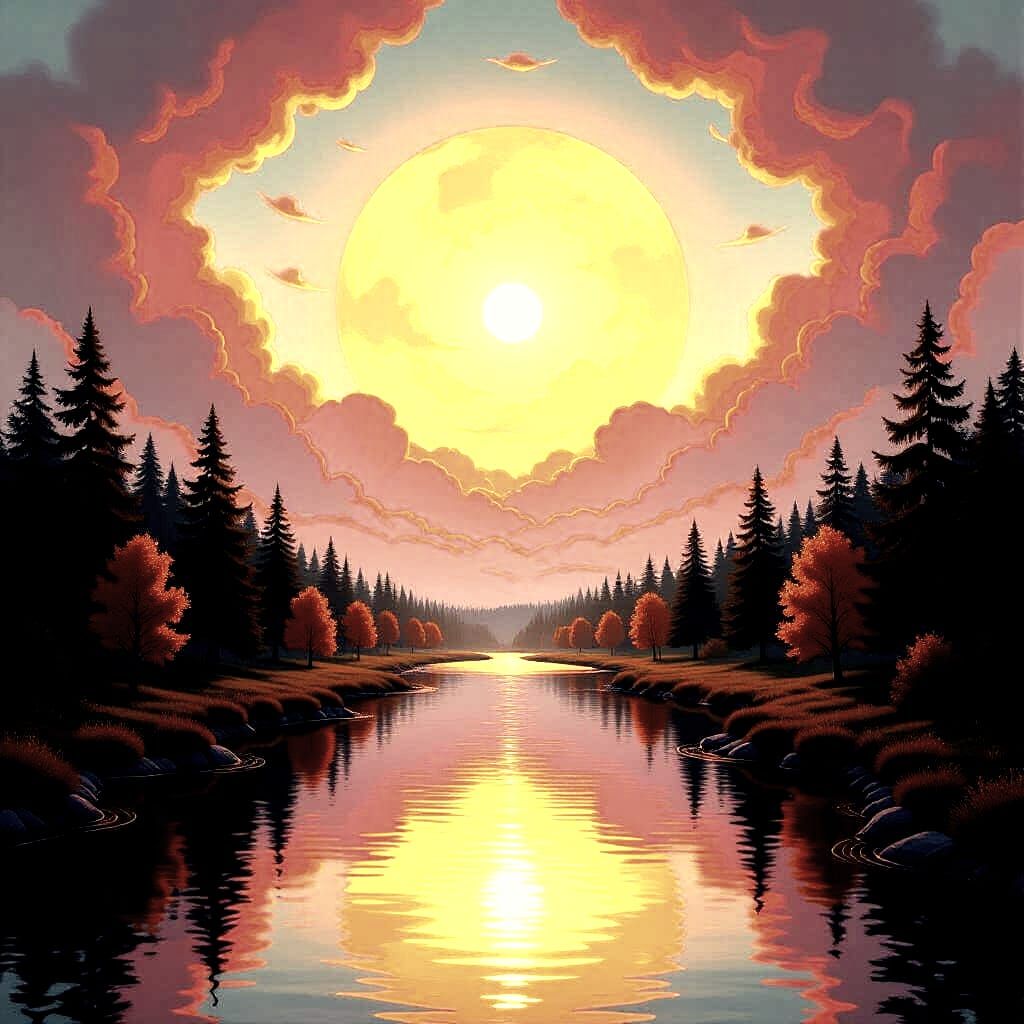 Mystical Autumn Landscape with Reflective River